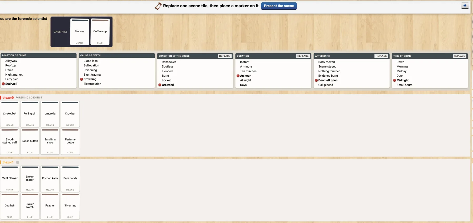 Deduction game interface with case file cards and six categories of scene tiles