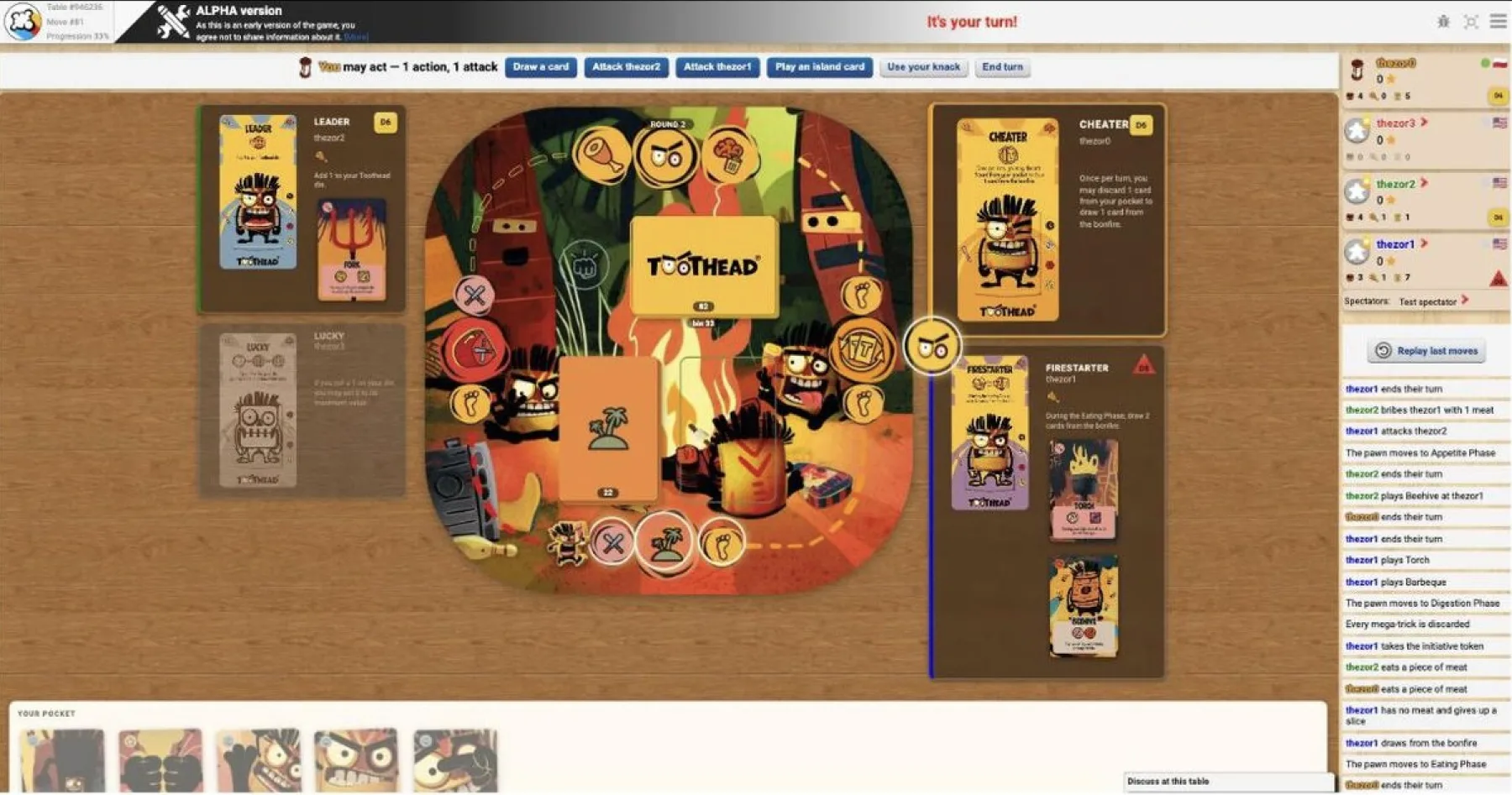 Toothead game table with illustrated character cards around a central bonfire